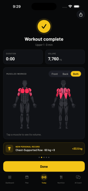 byrna workout finish screen: a front-and-back muscle heatmap with the chest, shoulders and back lit up, a new personal record, and the session's duration and volume
